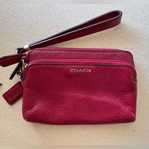 Coach Cherry Red Pebbled Leather Wristlet with Gold Logo